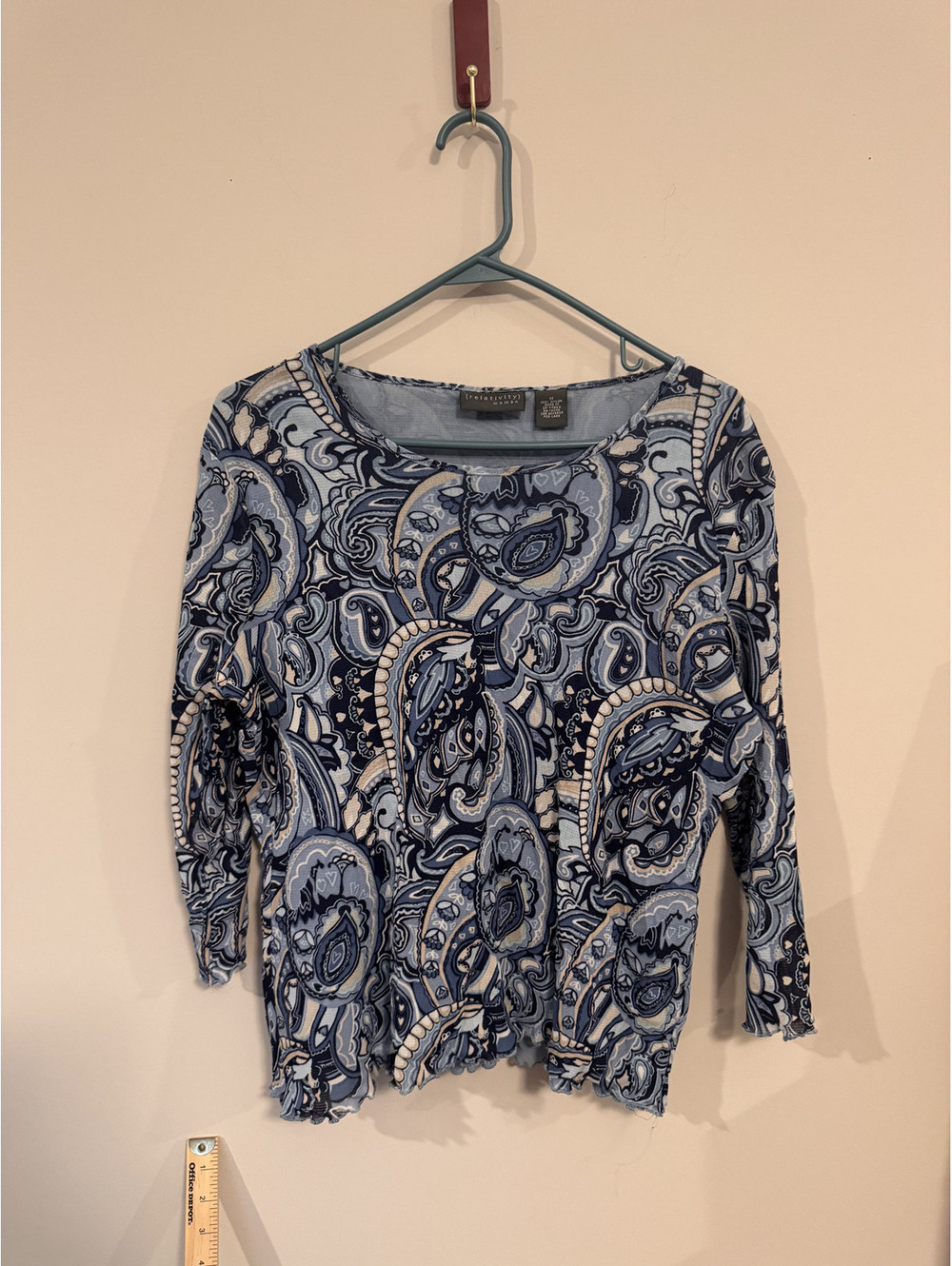 Vintage Requirements Petite Paisley Top Blue Cream 3/4 Sleeve Lettuce Edge 1X